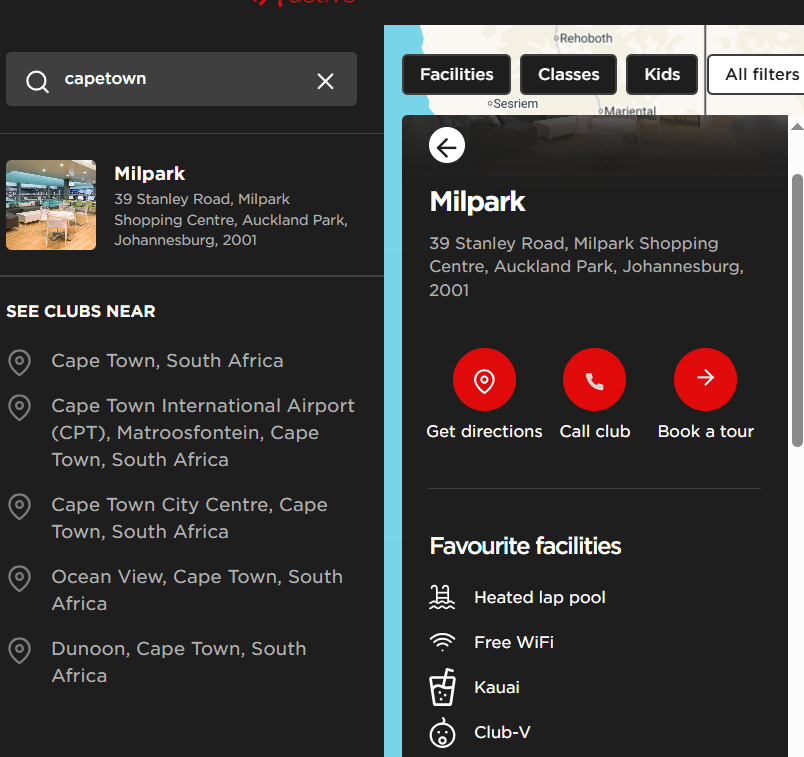 expanded view of club finder at virgin active 